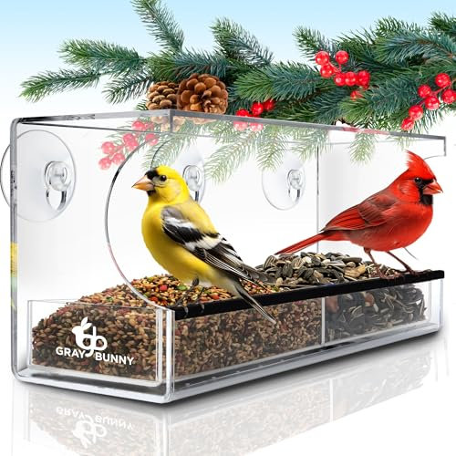 GrayBunny GB-6851 Deluxe Futterhaus, durchsichtiges Fenster, Futterhäuschen für Wildvögel mit Abflusslöchern und abnehmbarem Futtereinsatz, Super Starke Saugnäpfe