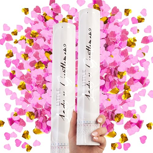 PrimePure Canon Confettis Gender Reveal - Confetti Coeur Papier - Rose, Lot de 2 - Canon a Confettis pour Annonce Grossesse, Annonce Sexes Bébé Fille, Fête de la Revelation Sex Bebe