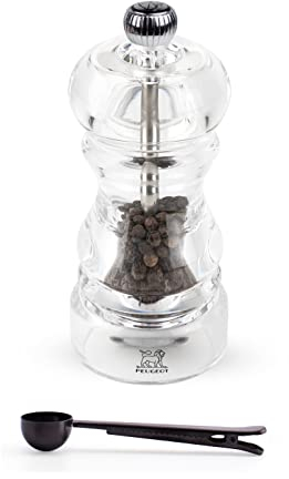 Peugeot - Nancy Acrylic Manual Pepper Mill - Transparent Adjustable Grinder Gift Set- With Stainless Steel Spice Scoop/Bag Clip, 4.75 Inch