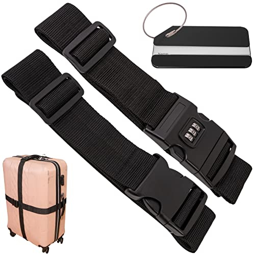 Kofferband Set mit Kofferanhänger, 2 Pack, 200 cm Gurtband mit Schnalle und Zahlenschloss, Schwarz, mit Namensschild, Koffergurte mit Adressschild zum Reisen und Fliegen, Kofferspanngurte, Gurt Koffer