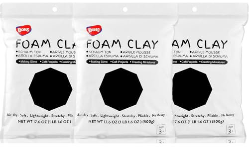 BOHS Lot de 3 paquets d'argile en mousse noire, 1,5 kg – Souple et séchable à l'air libre – pour projet scolaire, masque de cosplay, fournitures supplémentaires de slime
