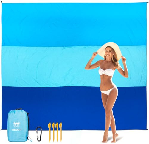 WIWIGO Beach Blanket Sandproof Extra Large Beach Mat Adults Waterproof Quick Drying Sand Free Mat Made by Premium Polyester with 4 Stakes & 4 Corner Pockets for Outdoor Travel Camping Hiking