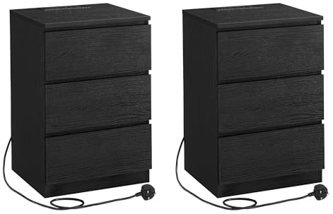 VASAGLE KAILYN Collection - Bedside Tables with Power Strip, Set of 2 Side End Tables with Drawers, 2 AC Outlets, 2 USB Ports, for Living Room, Bedroom, Study, Ebony Black LET831B57
