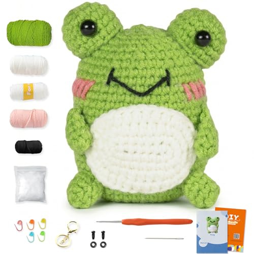 Ktmeor Crochet Kit for Beginners,Crochet Animal Kit for Beginners with Step-by-Step Video Tutorials,DIY Knitting Supplies with 40% Extra Practice Yarn-Frog