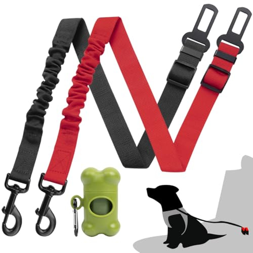 2-Pack Dog Seat Belts for Cars: Adjustable Safety Elastic Bungee Dog Harness for Cars - Anti-Shock Dog Car Seat Belt with 1 Roll of Dog Poop Bags & Dispenser, No Twist Design