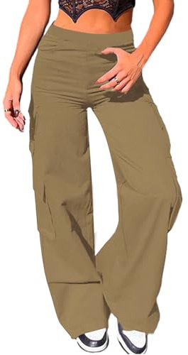 Nuofengkudu Bootcut Stretch Cargo Trousers Women Y2K Multi Pockets Utility Elasticated High Waisted Loose Fit Flared Bootleg Work Pants Vintage Gothic Bottoms Streetwear Casual Khaki S