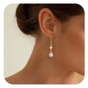 Freekiss Gold Pearl Earrings for Women: Trendy Gold Earrings 14K Gold Filled Lightweight Double Pearl Drop Earrings Simple Wedding Earrings Non Tarnish Jewelry for Women