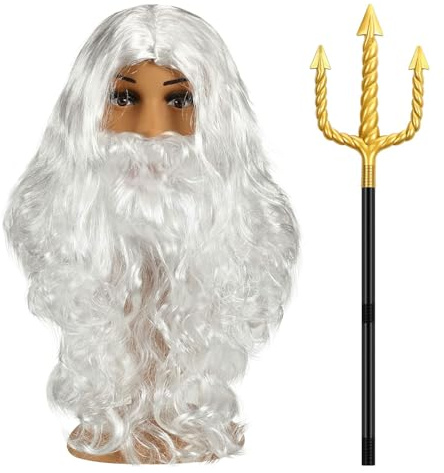 HAICN 2Pieces Aquaman Costume Set White Wig and Tridents Cosplay Props Playthings Performance Props Halloween Cosplay Golden Gun Prop Weapons Staff Accessories for Adults
