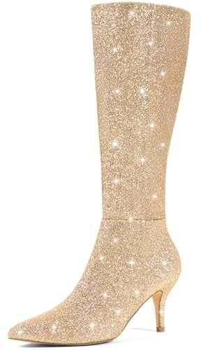 Perphy Pointed Toe Glitter Stiletto Heel Knee High Boots For Women Gold 6 UK/Label Size 8 US