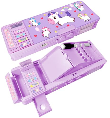 LilyBeauty Pop Up multifunktionellt fodral för flickor och pojkar, söt tecknad penna, pennvässare, schema, whiteboard, skolmaterial för barn, lila, 27 cm, PC10