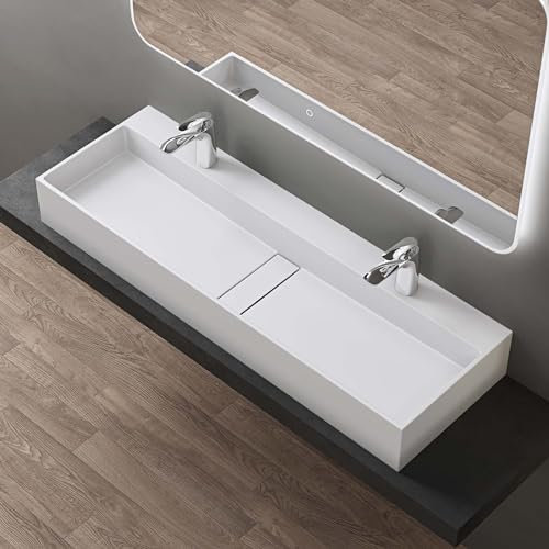 doporro Lavabo Bagno Sospeso Rettangolare Lavabo doppio da Appoggio con 2 Fori Rubinetto 120 x 40 x 14 cm Bianco Opaco Lavandino in Resina Minerale Ideale per Casa Ristorante e Hotel Colossum6028
