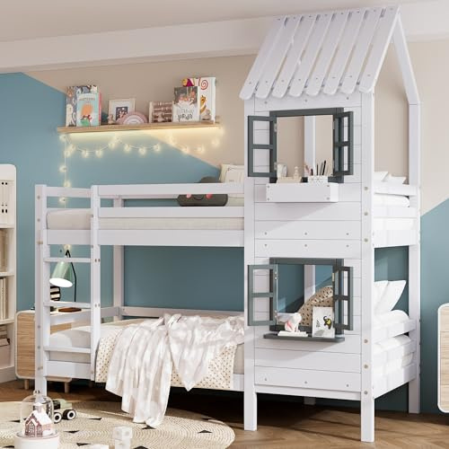 Letto a castello 90 x 200 cm, con corrimano e finestra, lettino con protezione anticaduta e griglia, telaio in pino, bianco
