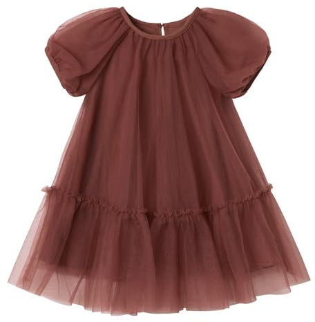 Ugitopi Robe de fête Princesse en Tulle à Manches Ballon pour Fillette - Coupe A-Line avec Doublure Coton et Volants légersk (Coffee,80)