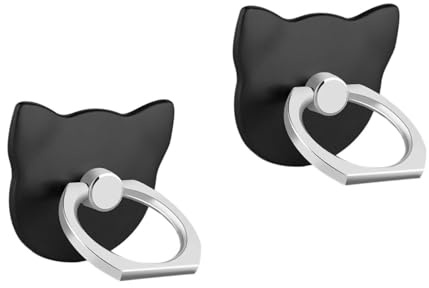 SUKADE 2 impugnature ad anello per telefono, 2 supporti ad anello per telefono a forma di gatto, rotazione a 360° e flip a 180°, pratico supporto per tutti gli smartphone (nero)
