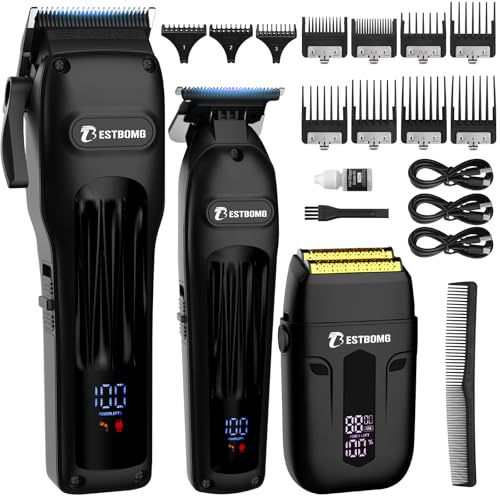 Hårklippare för män, professionella hårklippare, skäggtrimmer och uppladdningsbar rakapparatsats, metall-T-blad, LED-display, hårklippningssats för män för grooming och presenter (808A-Svart)