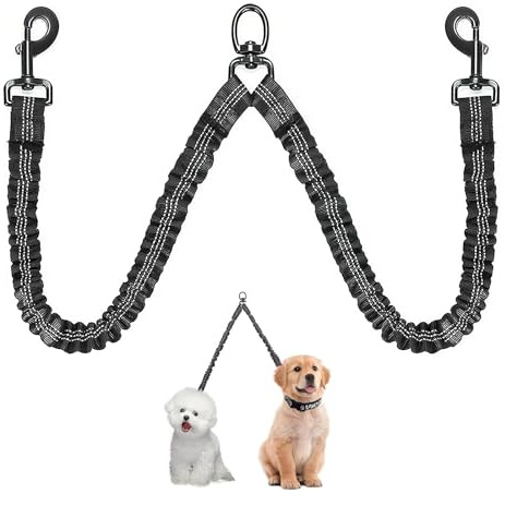 Double Ended Dog Lead – No Tangle Dual Leash Splitter with Adjustable Length, 360° Swivel, Reflective Bungee Coupler for Small, Medium & Large Dogs