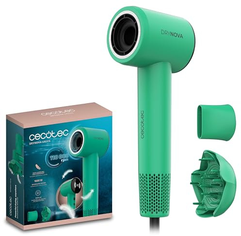 Cecotec Secador de Pelo Compacto y Ligero DryNova Green Leaf. 1600W, 110000RPM, Motor Brushless, Difusor y Concentrador, Generador de Iones, Silencioso y Duradero, 4 Ajustes de Temperatura