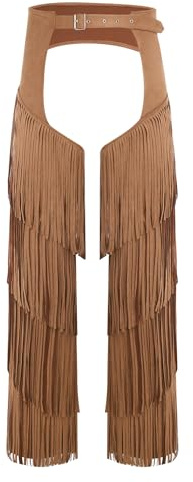 Oyolan Mens Layered Fringe Motorcycle Chaps Adjustable Cowboy Wester Riding Biker Vintage Chap Pants Brown Small