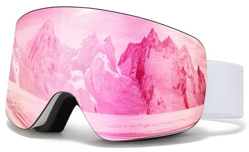 Skibrille OTG für Unisex,YH227 Snowboard Brille mit Anti-Rutsch Kopfband UV-Schutz Anti-Nebel,Ski Goggles Vollständig Plattiertes REVO Einstellbare,Skibrillen für Skifahren (04-REVO Pink/Weiß VLT14 %)