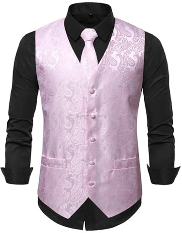 Celanisai Chaleco jacquard con estampado de cachemira para hombre, corbata, pañuelo de bolsillo, juego de 3 piezas, cuello en V, chaleco formal de negocios, fiestas, bodas, chaleco de vestir, sin