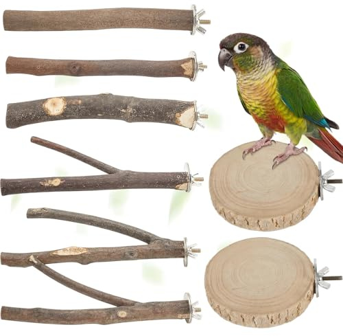 Zynaxir 8Pcs Parrot Perch Natural Wood Bird Perches for Cage, Natural Wooden Parrot Stand Set Budgie Wooden Perch Bird Cage Perches for Small Birds, Parakeet, Cockatiel