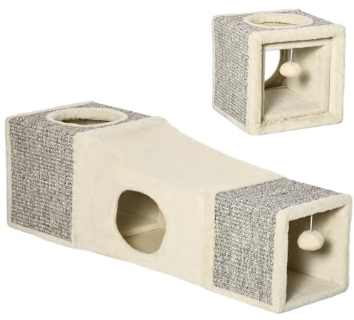 PawHut Cat Tunnel, Large Play Tunnel with Hanging Ball and Two Caves, Plush Cat Play Tube for Indoor Kittens, Puppies, Rabbits, 98 x 30 x 30 cm, Cream White