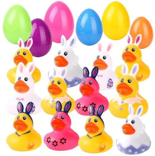 18 Pcs Easter Rubber Duckies Toys, Easter Egg Hunt Kit, Novelty Colorful Bunny Duckies Mini Ducks Rubber Bath Duck Toys, Plastic Eggs to Fill for Kids Classroom Gift Awards Party Supplies