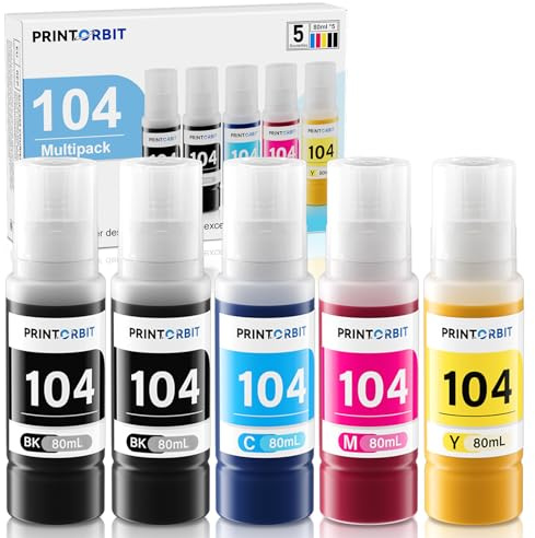 PRINTORBIT 104 Encre Compatible pour ET-2870 ET-2810 ET-1810 ET-2820 ET-2710 ET-2812 104 Bouteille D’Encre Multipack pour ET-2876 ET-2821 ET-2825 ET-2720 ET-4800 Imprimante