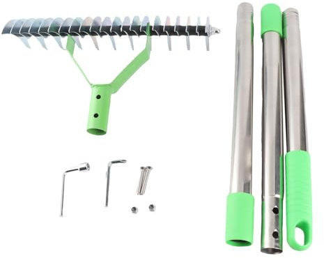 Rastrillo para Césped de 3 Secciones, Acero Inoxidable, Dethatcher para Césped, 134 cm - Dientes Curvados para Desmenuzar Césped Muerto, Mango Ergonómico, Uso Versátil en Jardine