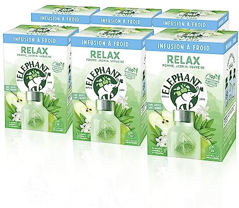 Elephant Infusion à Froid Relax, Eau Froide Aromatisée, Parfums Naturels Pomme Jasmin Verveine, Lot de 6 x 15 Sachets Individuels, 90 Sachets Pyramid