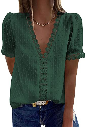 Coloody Blusa con Cuello en V para Mujer Camisa de Encaje Manga Corta Túnica de Color Sólido Tops-Verde-S