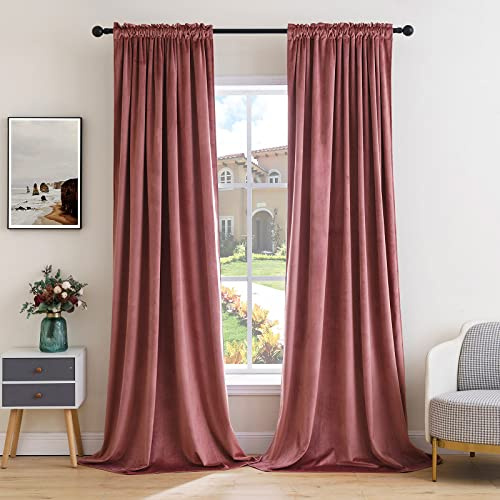 MIULEE Dusty Rose Velvet Curtains Rod Pocket 84 Inches Long 2 Panels, Mauve Dusty Pink Velvet Blackout Curtains for Bedroom Living Room Soft Luxury Darkening Curtains