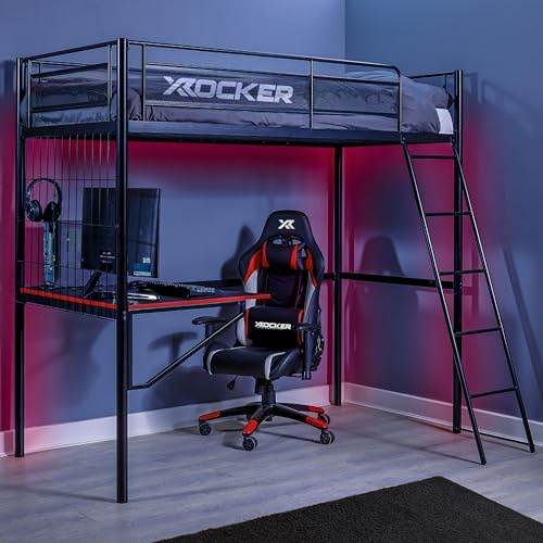 X-Rocker Icarus XL 3ft Single, High Sleeper Bunk Bed - Space-Saving Design, Gaming Desk & PC Storage Shelf, Fixed Ladder, Sturdy Metal Frame for Kids & Teens - Black - 90x190cm