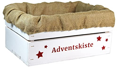 HW HOLZKISTEN-WELT Holzkiste Weiß mit Rot-Glitter-Aufdruck Adventskiste mit Juteeinlage - Stiege Steige Weihnachten Präsentkorb Geschenk