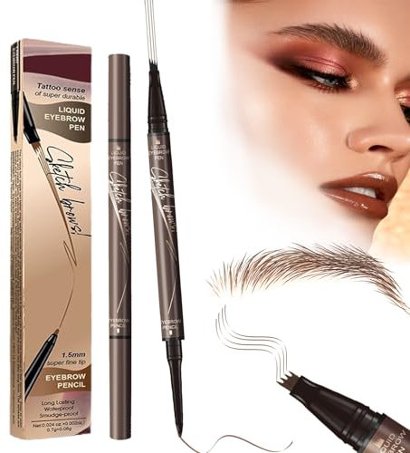 Braun Microblading Augenbrauenstift,2-in-1 Doppelter Kopf Flüssiger Augenbrauenstift,Wasserdichter 3D Augenbrauenstift Mit 4 Gabelspitzen,Lang Anhaltender Wasserfester (02 Braun)