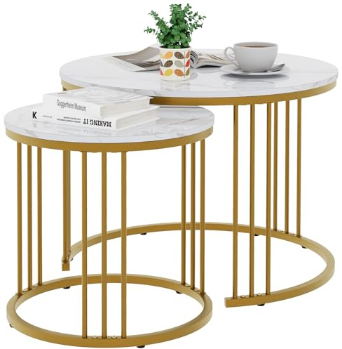 Round Coffee Tables, Set of 2 End Table, Nesting Tables, Side Table with Metal Frame for Living Room/Bedroom/Balcony/Office/Apartment, Diameter 23.6/15.7 IN (Gold Frame, White Marble Finish Top)