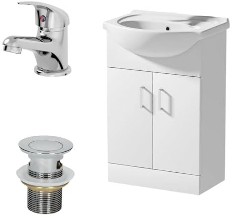 Affine® 560mm Bathroom Vanity Unit Ceramic Sink Floorstanding Storage Cabinet Cupboard & Essentials Basin Tap & Waste Set, White Gloss