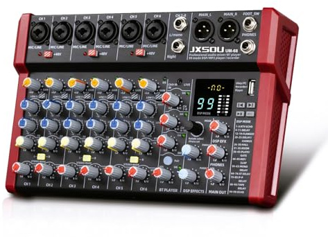 JXSOU 10-Channel Audio Mixer,DJ Mixer, Sound Board Console Mixer with 99 DSP Effects, Bluetooth Mixer Input 48V Phantom Power Stereo USB XLR Mixer For Karaoke Studio PC Recording