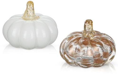 Briful Set di 2 zucche in vetro soffiato a mano per decorazioni autunnali, 7,9 cm, mini zucche artificiali decorative in vetro per Halloween, centrotavola del Ringraziamento, vassoi a strati e