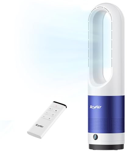 IcyAir Ventilatore a Torre Senza Pale da 55 cm, Ventilatore Senza Pale Silenzioso Con Telecomando, 35 dB, 8 Velocità, Oscillazione a 90°, Timer da 9 Ore, Display LED, Ventilatore a Colonna per Camera
