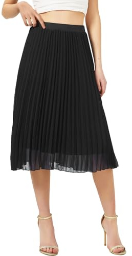 Soudittur Jupe Plissée en Chiffon Léger Femme, A Ligne Jupe Mi Longue Taille Élastique- Fluide et Vaporeuse pour Bureau, Plage & Soirée d'Été (S, Noir)