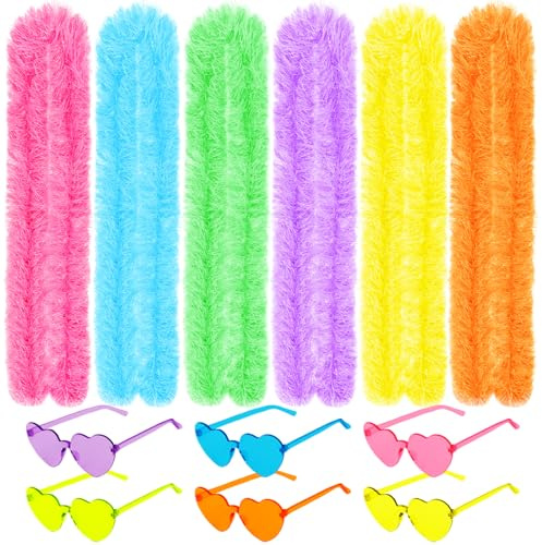 12 Pcs Feather Boas Party Pack with 6 Fluffy Artificial Feather Boas Bulk (2m/6.6ft) & 6 Heart Sunglasses for Birthdays, Weddings, Tea Parties, Costume Parties, Mardi Gras, Halloween, and Christmas