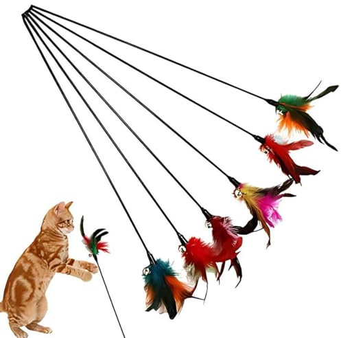 GNALIA Jouets À Plumes Pour Chats - Lot De 6 - Canne À Pêche 65Cm - Plumes Noires - Stimulation Interactive