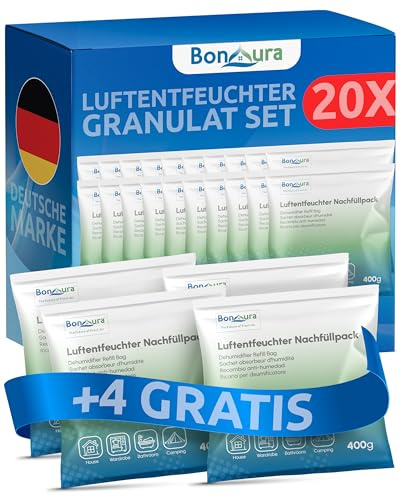 BonAura Set med 24 fyllmedel för luftavfuktare - 24 x 400 g - Stor ekonomisk uppsättning luftavfuktningsgranulat - Skydd mot mögel och lukter