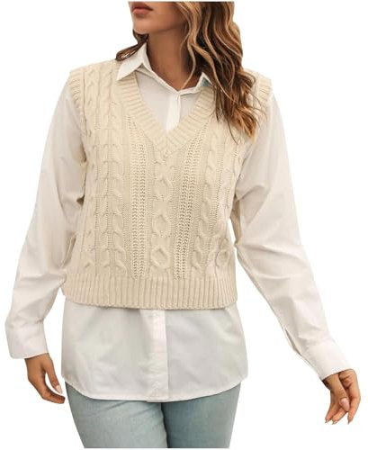 Teen Girls Cropped Vest V-Neck Sleeveless Jumpers Classic Solid Knitted Pullover Tank Tops Fall Casual Lightweight Knit Sweater Streetwear Modern Ladies Going Out Shirts Knitwear Beige