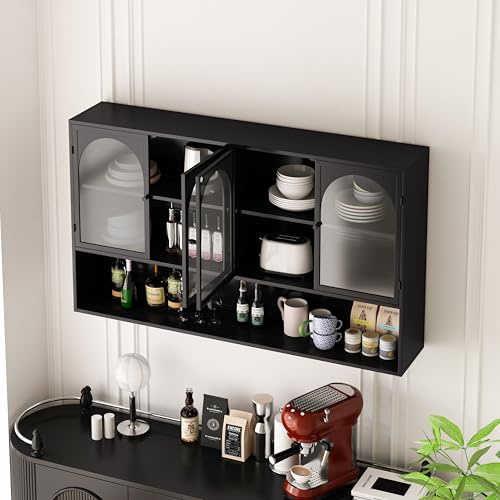 Ligterra Armadio da 120 cm, pensile da cucina, a 4 ante in vetro con 4 ante in vetro, vetrina sospesa, credenza, adatto per cucina, soggiorno e bagno (nero)
