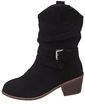 Slouchy Chunky Heel Mid Polpaccio Stivali per le donne, Suede Cowboy Comfort Booties Western Pull On Dress Booties Low Heel, Nero , 41 EU