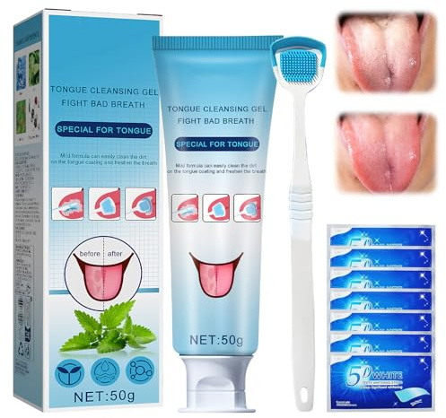 Set detergente per lingua, gel per la pulizia della lingua (50 g) + spazzola per la lingua, Tongue Cleaner per combattere efficacemente l'alito cattivo e l'alito fresco, tongue raschietto per la