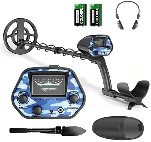 Detector de metales para adultos y niños, bobina impermeable IP68, detector de oro ajustable en altura 94-122cm, profundidad 18cm, diseño ligero para oro, monedas, búsqueda en playa(Azul-Negro (Juego)