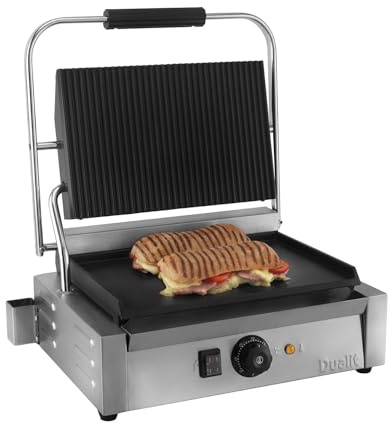 Dualit Catering Contact Panini Grill for Countertops - Panini Contact Grill - Commercial Grade with 2.2kW loading - Grill with Cast Iron Plates and Stainless Steel Body - Heatproof handles